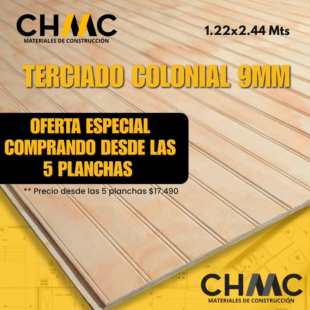 Terciado Ranurado Colonial 9mm — 1.22x2.44m (descuento especial desde 5 unidades)