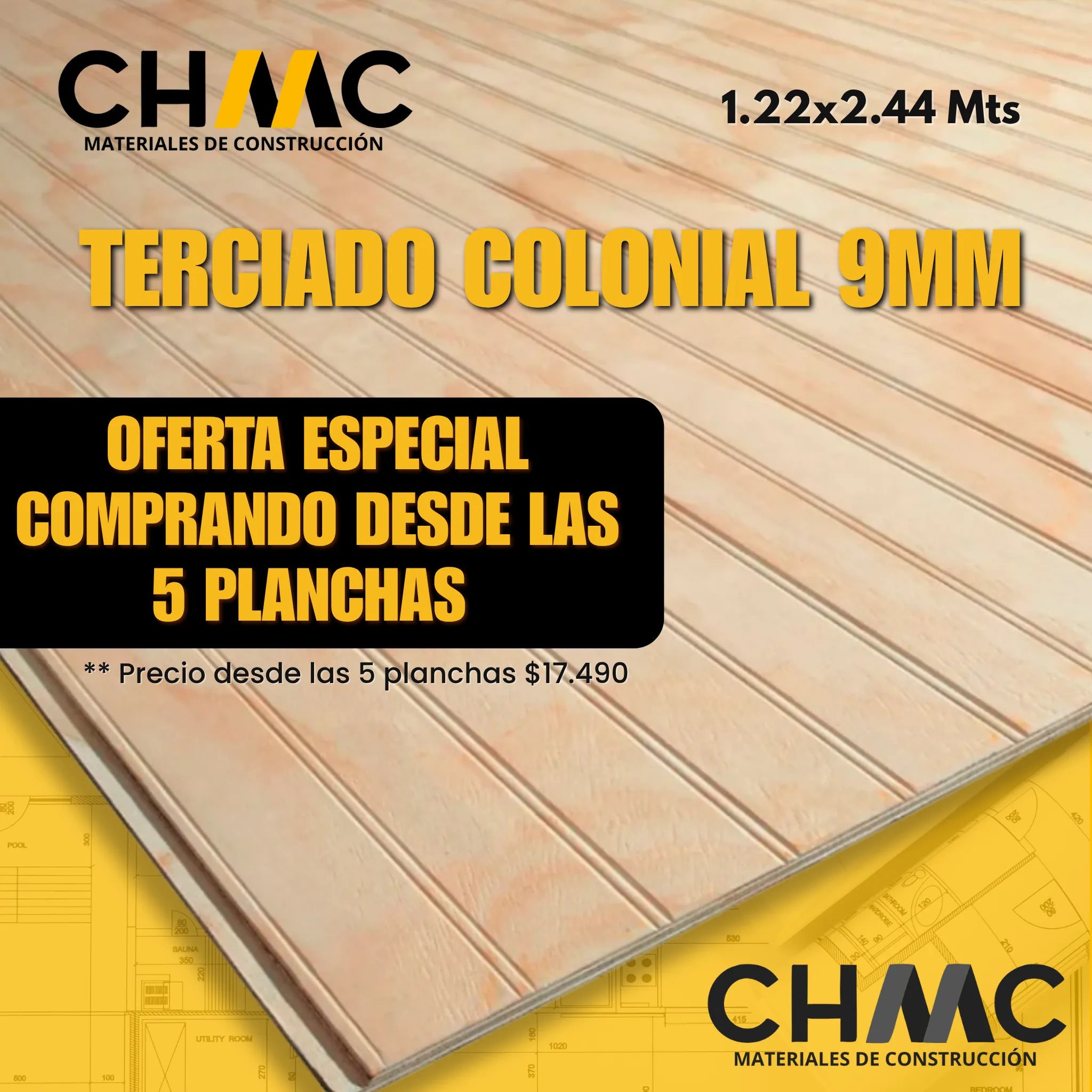 Terciado Ranurado Colonial 9mm — 1.22x2.44m (descuento especial desde 5 unidades)