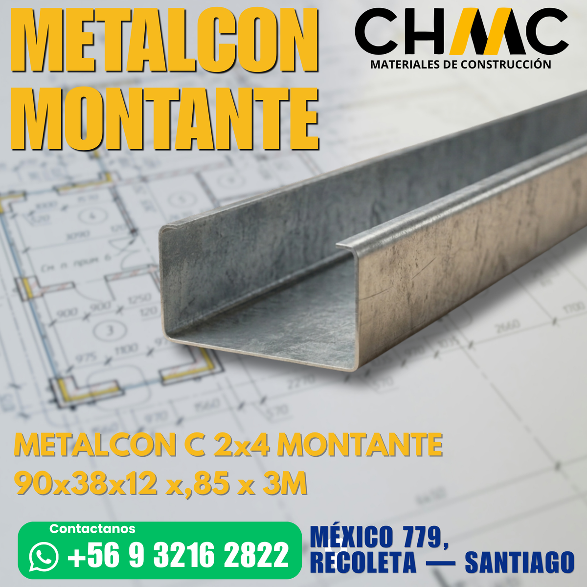 METALCON C 2x4 MONTANTE 90x38x12 x 0,85 x 3M